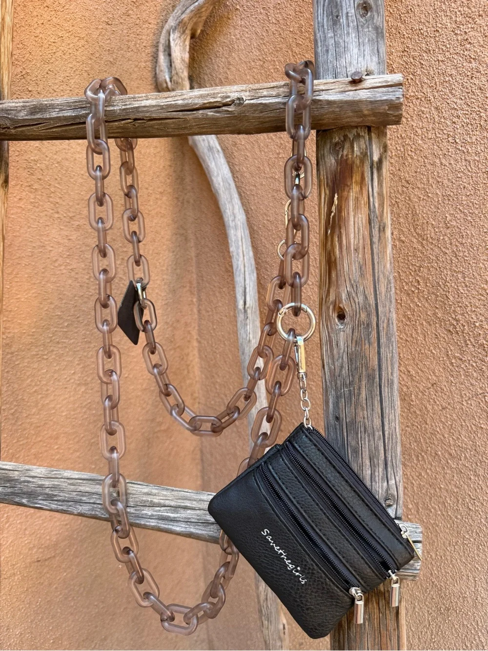Black Three-Zip Coin Purse with Smoke Acrylic Chain